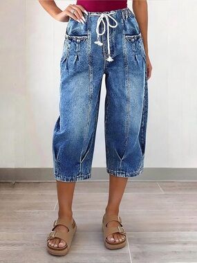 Flamingals Barrel Leg Capri High Waist Pleated Drawstring Jeans 3XL FG30-28